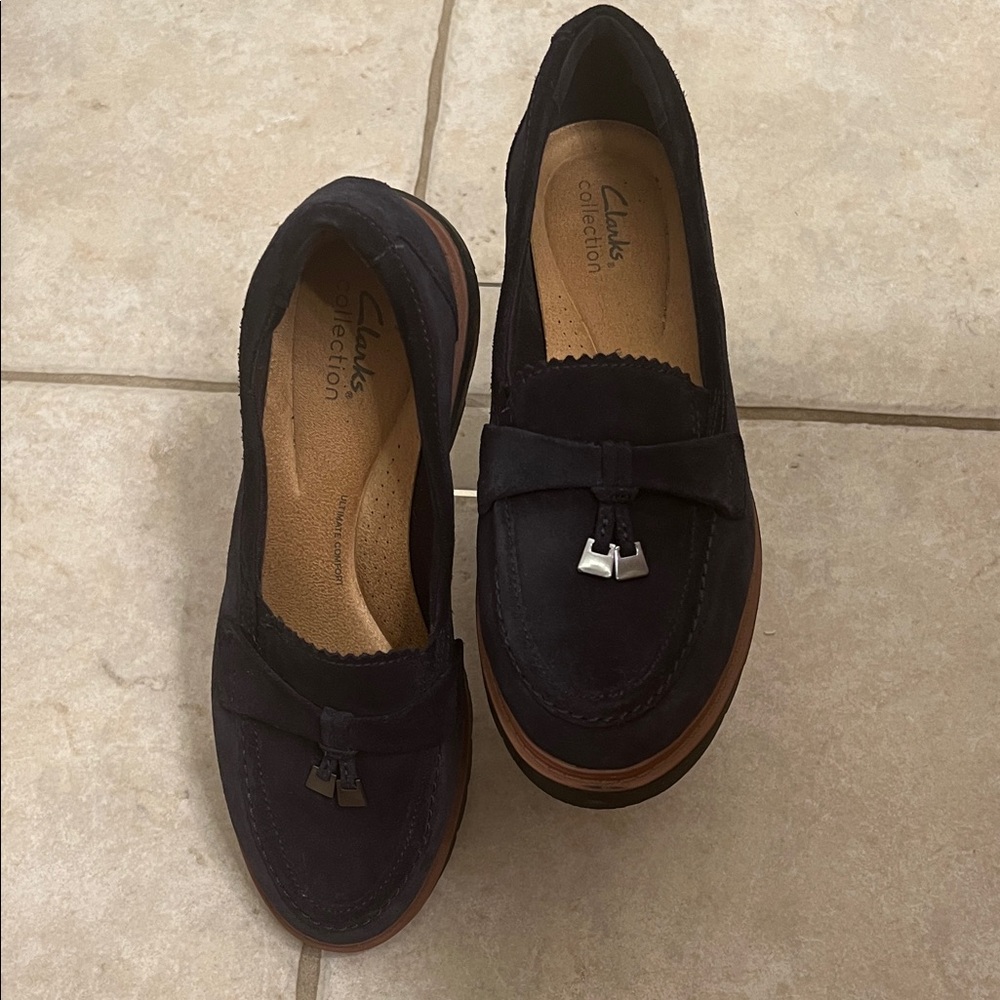 Navy Suede Clarks Westlynn Bella Leather Slip-On Loafers with Tassels Size 8.5